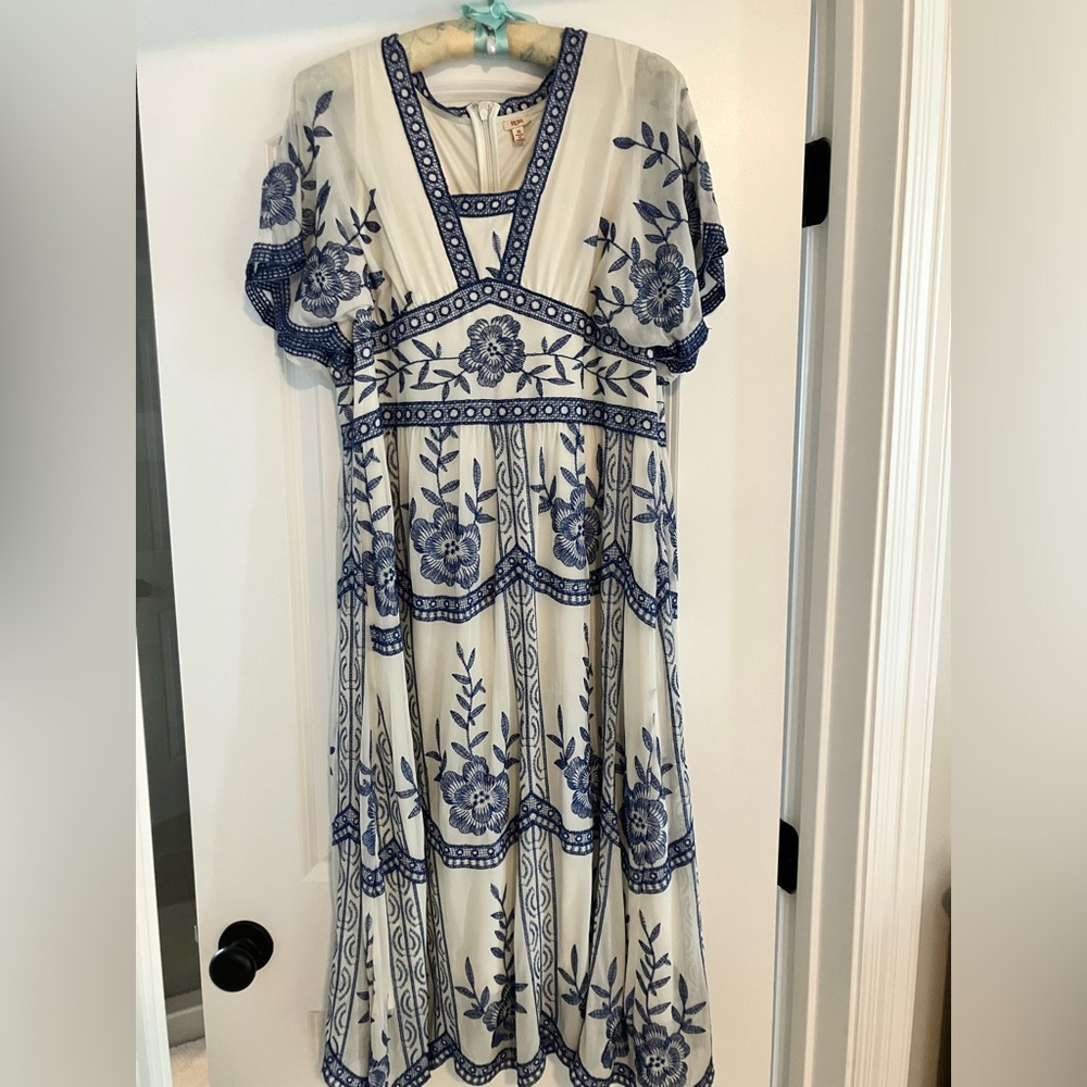 Ivory and Blue Embroidered Long Dress